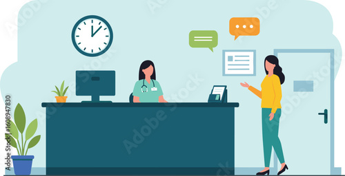 Doctor office reception with female patient talking to receptionist, medical consultation, healthcare service, hospital waiting room, communication, health insurance flat vector illustration