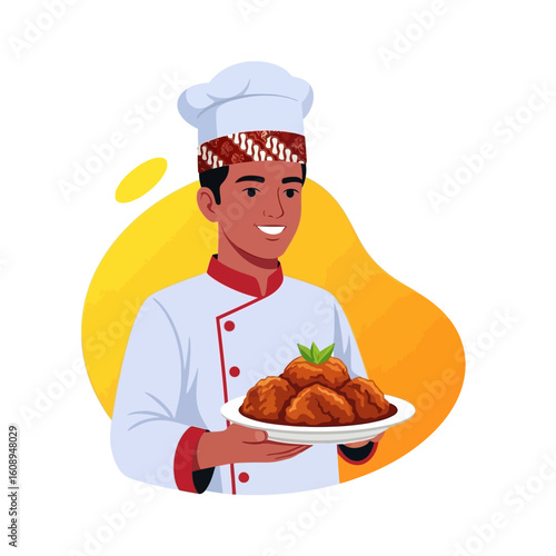 A smiling chef presents a plate of delicious, freshly cooked meatballs.