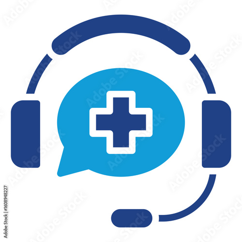 Medical Support Glyph Blue Silhouette Icon Vector Design - Headset with cross, representing medical customer support, health call center, or helpline