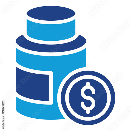 Medicine Cost Glyph Blue Silhouette Icon Vector Design - Medication bottle with coin symbol, representing drug price, cost, or financial aspect in pharmacy