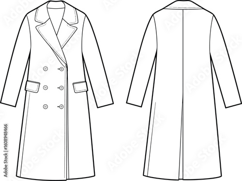  Blank White Double Breasted Coat Template Front and Back Views, Customizable Mockup for Formal, Business, or Elegant Outerwear Apparel Design