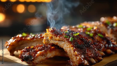 Hot smoked barbecue pork ribs with glossy sauce and steam served on wooden table close up juicy meat texture grilled barbecue ribs in cozy restaurant or food background