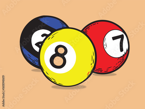 Illustration of three billiard balls: a black two, a yellow eight, and a red seven, against a beige background.