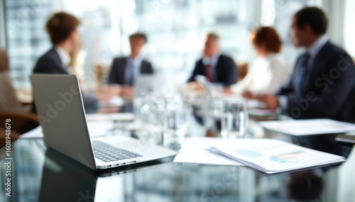 Wallpaper Mural A group of colleagues gathers around a conference table, ready to discuss important business matters with a laptop and documents present. Torontodigital.ca