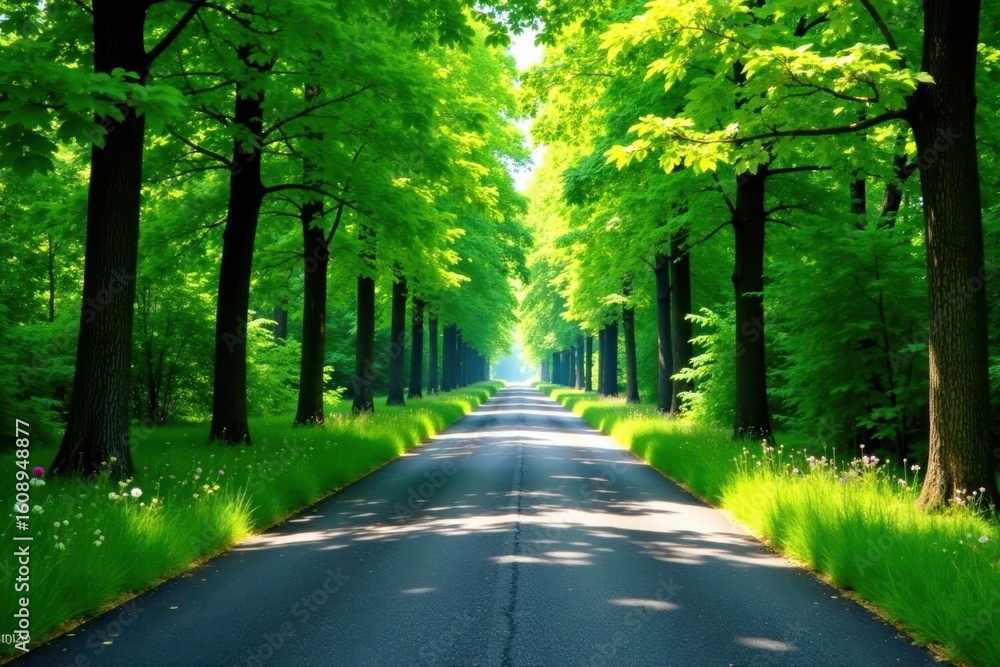 Fototapeta premium Sunlit Roadway Through Lush Green Tree Canopy, Serene Pastoral Scene of Nature's Tranquility