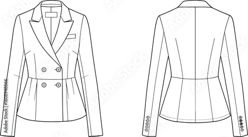 Double-breasted women’s blazer fashion flat sketch, tailored jacket technical drawing, vector coat template, stylish formalwear outline for designers. flat vector illustration