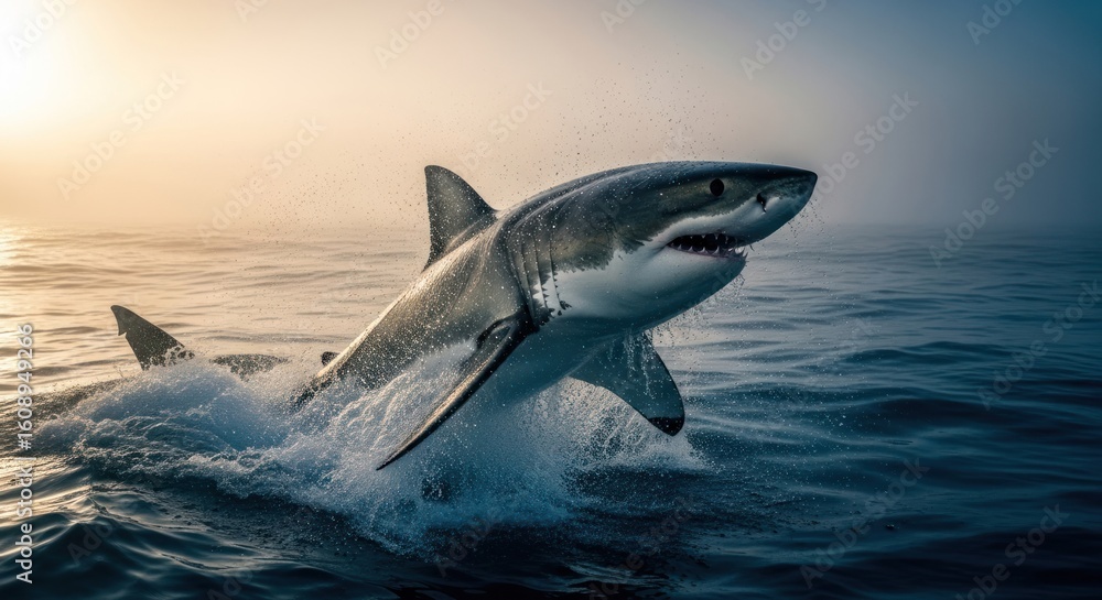 Fototapeta premium Great white shark leaps from ocean
