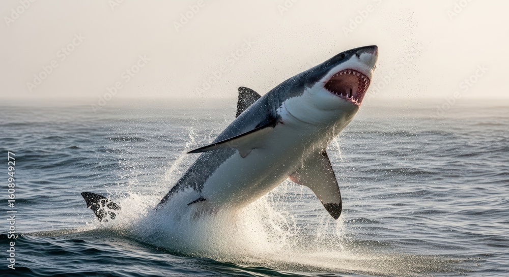 Fototapeta premium Great white shark leaping from the ocean