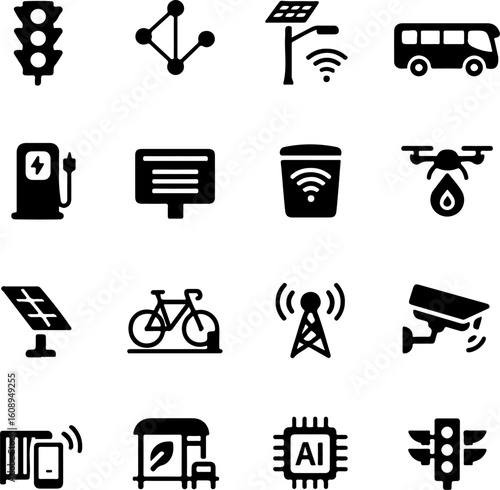 Smart city technology icons representing transportation and connectivity
