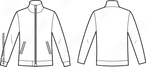 Blank White Stand Collar Zippered Jacket Template Front and Back Views, Customizable Mockup for Casual or Sporty Outerwear Apparel Design