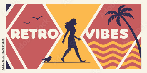 Retro Vibes: Silhouette of a woman strolling, framed in a colorful, graphic design conveying nostalgia for sunny days, beach, waves, and seaside lifestyle.