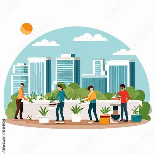 A diverse community of people collaborating on a vibrant rooftop urban garden project against a city skyline.