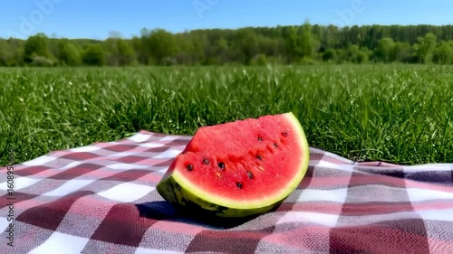 Watermelon slice on checkered picnic blanket in a grassy field