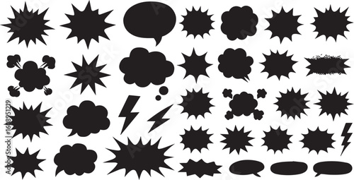 Comic explosion speech bubble set silhouettes shapes, speech bubble vector 