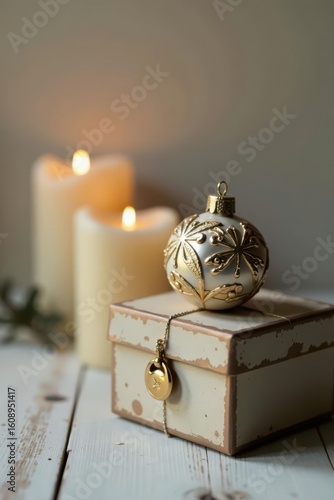 A delicately crafted gold and off-white bauble rests atop a rustic gift box, illuminated by the warm glow of nearby candles.
