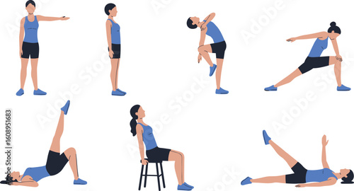 Comprehensive Fitness Exercises: Essential Moves for Strength, Flexibility, and Core Training at Home flat vector illustration