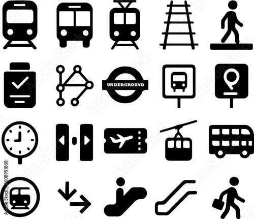 Collection of public transportation icons representing travel and commuting