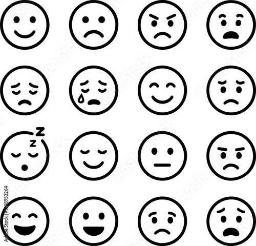 Collection of hand drawn emoticons expressing a variety of emotions