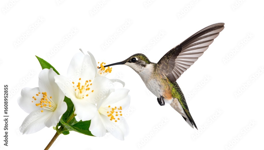 Fototapeta premium Hummingbird in flight, feeding from white jasmine blossoms against a pure white background
