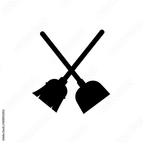 Vector icon showing a broom and dustpan crossed, symbolizing home cleaning, sweeping, and tidiness.