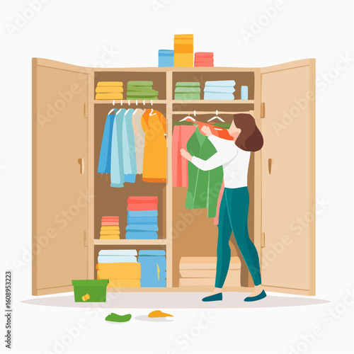 Woman organizing clothes in a cluttered closet, sorting and hanging garments.