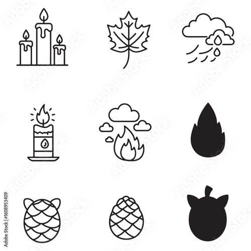 Simple icon set featuring candles, autumn leaf, rain, flame, pinecones and autumnal elements
