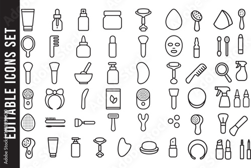 Editable Outline Icon Set of Skincare, Beauty, and Cosmetic Products and Tools