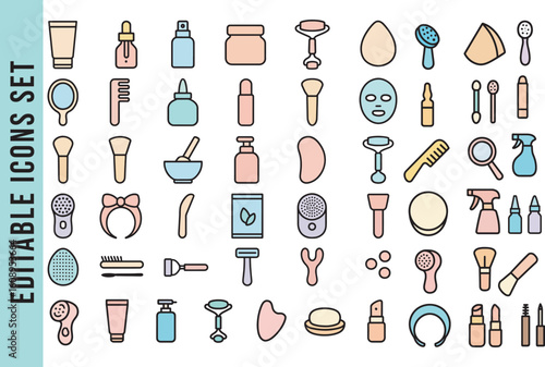 Editable Color Icon Set of Skincare, Beauty, and Cosmetic Products and Tools
