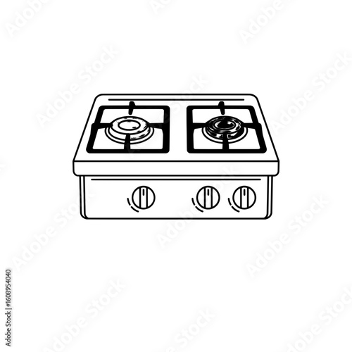 Monochrome line illustration of a double burner gas stove, representing cooking appliances in households.