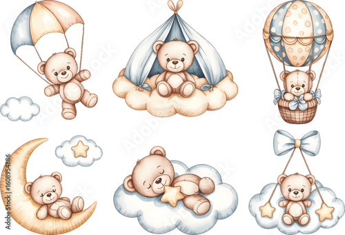 Watercolor baby teddy bear hot air balloon isolated vector illustration on white background. Cute nursery bear illustration.
