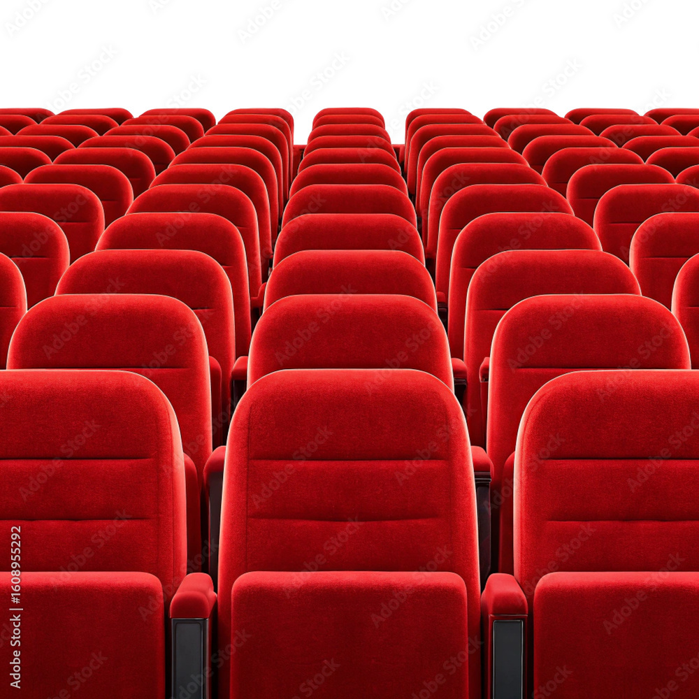 Obraz premium Rows of empty red theater seats facing forward in a darkened auditorium isolated on transparent background