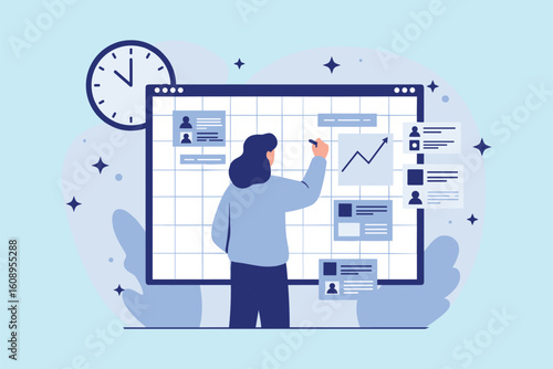 Project Management and Planning: Woman Creating a Timeline on a Digital Board flat vector illustration