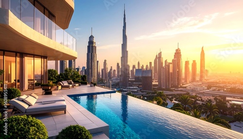 Rooftop pool overlooking Dubai skyline at sunset