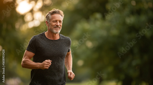 Handsome athletic senior elderly 50-year-old man fit fitness grandpa healthy lifestyle jogging in the park