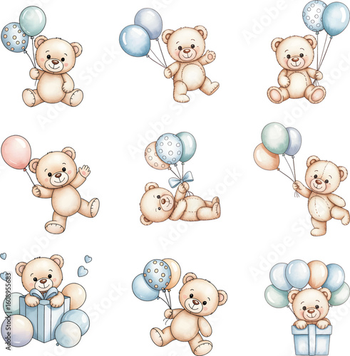 Watercolor baby teddy bear hot air balloon isolated vector illustration on white background. Cute nursery bear illustration.