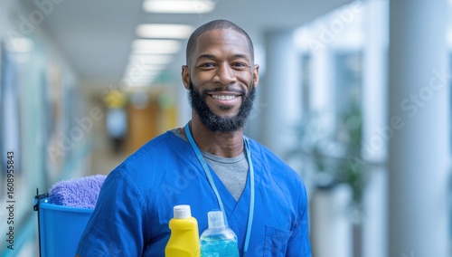 Smiling custodian stands in a bright hallway, ready to clean with his supplies, radiating a positive and professional attitude.