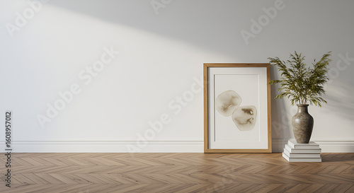 White classic wall background, brown parquet floor, home furniture detail, frame and vase of plant.