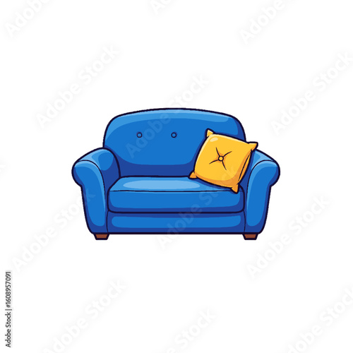 A comfortable two-seater sofa with a decorative pillow is designed for modern living room interior.