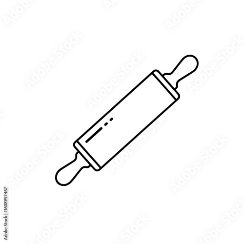 A clean rolling pin used in baking is illustrated with a cylindrical wooden shape and dual handles.