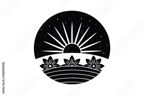 Geometric Retro Sun Rising Behind a Den with a Dog Illustration