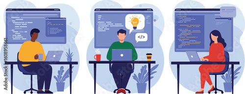  Dynamic programmers developing innovative software, coding responsive websites, collaborating on  