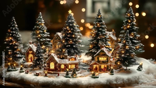 Cozy christmas village display with warm lights