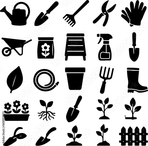 Collection of silhouetted garden tools and plants for outdoor cultivation