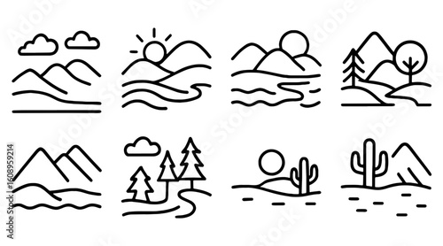 Line art landscapes and nature illustrations