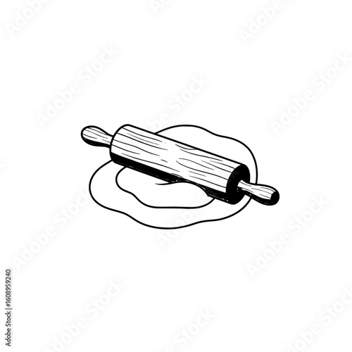 A wooden rolling pin is placed over dough, illustrating baking preparation on a flat kitchen surface.