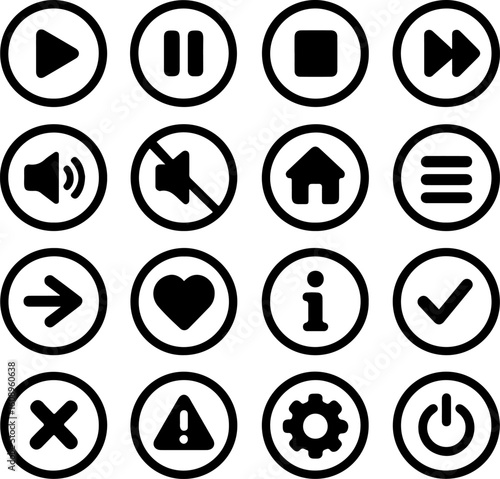 Collection of circular icons representing multimedia controls and common user interface functions
