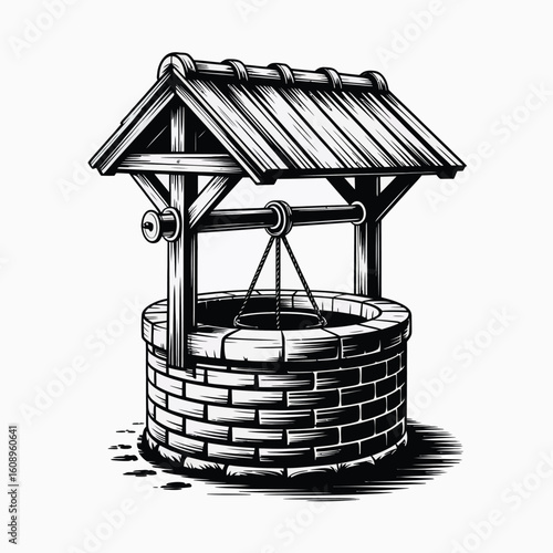 Hand drawn sketch of an old stone wishing well with a wooden roof