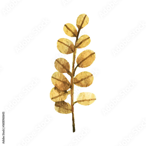 Hand-painted watercolor vectors of a rustic autumn branch with golden brown leaves.