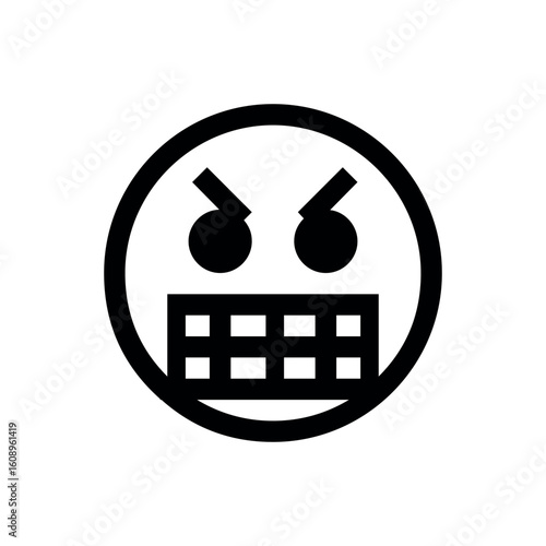 A black and white drawing of an angry emoticon with furrowed brows and clenched teeth in a circle