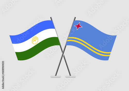 Bashkortostan and Aruba vector flags with realistic waving appearance